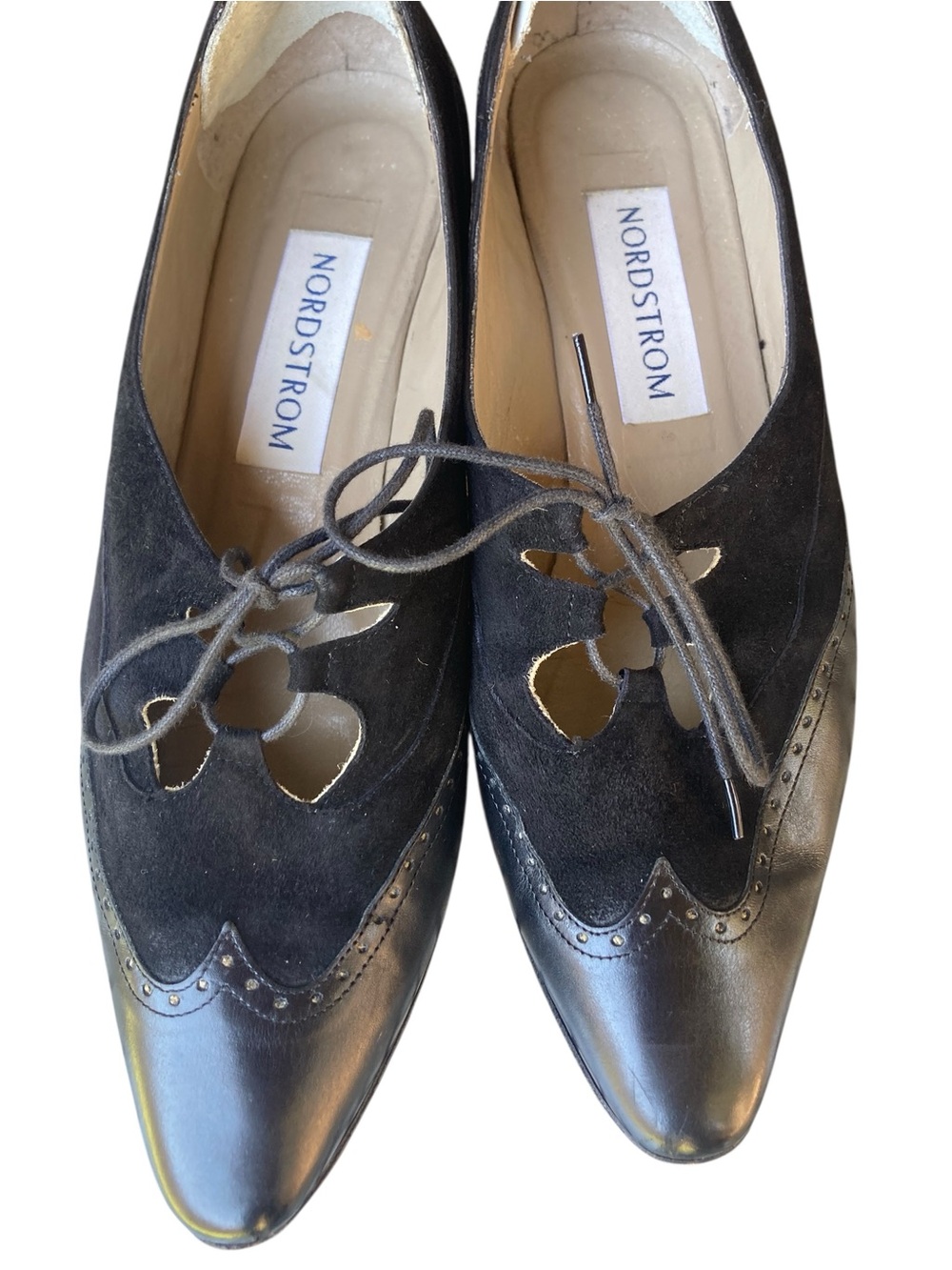 Nordstrom Spectator Wingtip Oxford Kitten Heels Black Leather Suede 9.5 - Picture 8 of 12